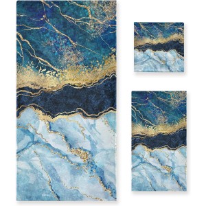 Bolaz Bath Towel Sets for Bathroom Hand Towels Fingertip Towels Blue Gold Marble Abstract Modern 3 Piece Decorative Soft Cotton Absorbent
